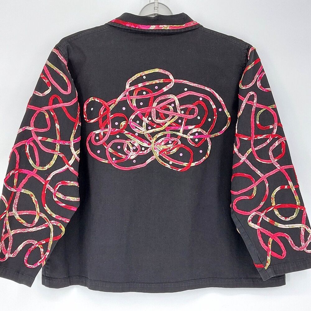 Units Woman Jacket Sz 2X Black Sequins Ribbon Design 80's Retro Vintage Denim - Picture 2 of 7
